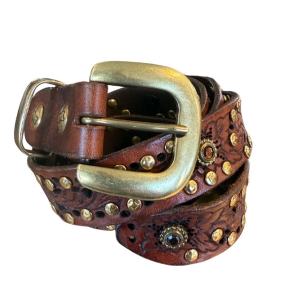 Campomaggi Accessories - Campomaggi Leather Laser Cut Studded Belt in Cognac